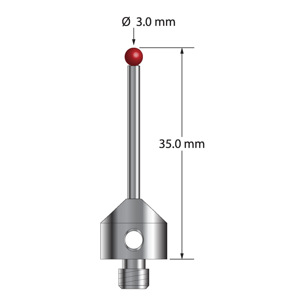 M5 stylus with 3.0 mm diameter ruby ball, 2.0 mm diameter carbide stem, and 11.0 mm diameter x 10.0 mm long stainless steel base.  Overall stylus length is 35.0 mm.  Stylus weight is 6.84 grams.