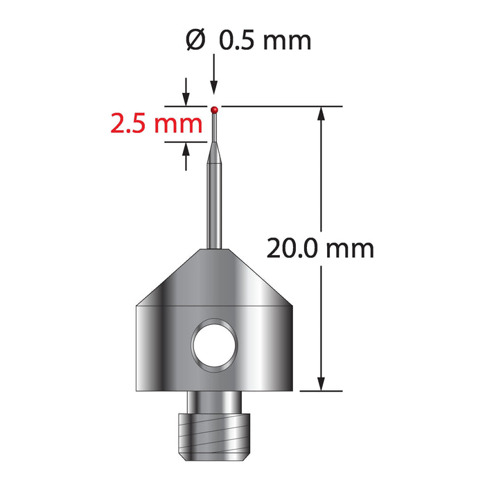 M5 stylus with 0.5 mm diameter ruby ball, tapered carbide stem, and 11.0 mm diameter x 10.0 mm long stainless steel base.  Minor stem diameter is 0.3 mm, major diameter is 1.0 mm.  Overall stylus length is 20.0 mm.  Stylus weight is 5.66 grams.  Compare to Renishaw A-5003-5202 and Zeiss 626115-0050-020.