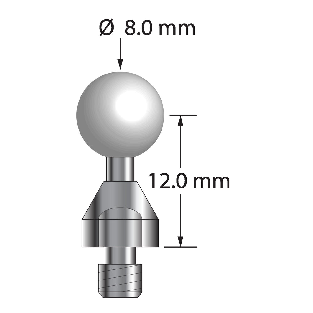 M4 stylus for Faro Quantum arm CMM with 3.0 mm diameter zirconia ball, 2.5 mm diameter carbide stem, and 7.0 mm diameter stainless steel base with wrench flats.  Stylus length to ball center is 12.0 mm.  Compare to Metrology Works QT-PRS-8MM-ZIR.
