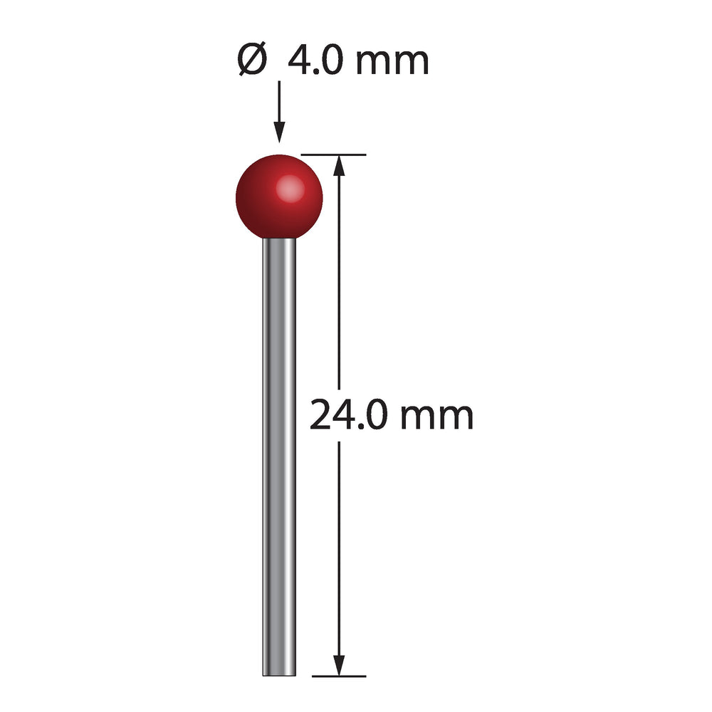 Unthreaded stylus with 4.0 mm diameter ruby ball and 1.5 mm diameter carbide stem.  Overall stylus length is 30.0 mm.  Stylus weight is 0.65 grams.  Compare to Zeiss 626111-0400-024.