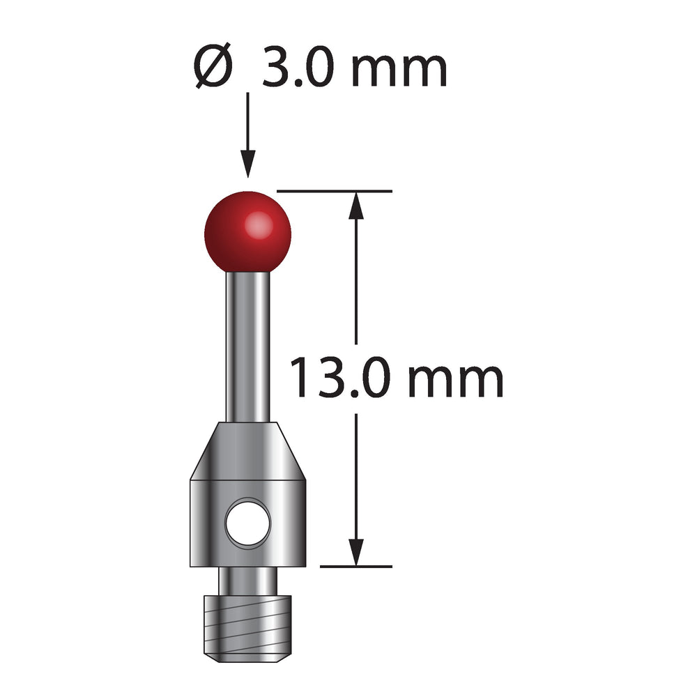 M3 stylus with 3.0 mm diameter ruby ball, 1.5 mm diameter carbide stem, and 4.0 mm diameter x 5.0 mm long stainless steel base.  Overall stylus length is 13.0 mm.  Stylus weight is 0.80 gram.  Compare to Zeiss 626123-0354-013.