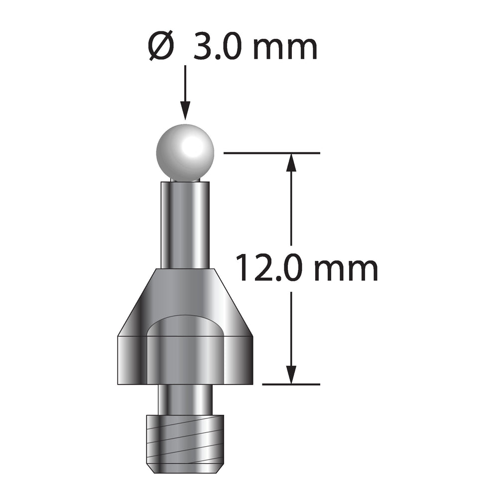 M4 stylus for Faro Quantum arm CMM with 3.0 mm diameter zirconia ball, 2.5 mm diameter carbide stem, and 7.0 mm diameter stainless steel base with wrench flats.  Stylus length to ball center is 12.0 mm.  Compare to Faro 21765-001 and Metrology Works QT-PRS-3MM-ZIR.