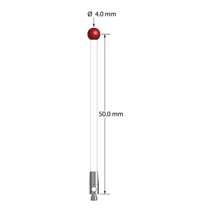 M2 stylus with 4.0 mm diameter ruby ball, 2.0 mm diameter ceramic stem, and 3.0 mm diameter x 7.0 mm long stainless steel base.  Stylus length to ball center is 50.0 mm.  Stylus weight is 0.86 gram.  Compare to Renishaw A-5003-0065 and Zeiss 000000-1776-803.