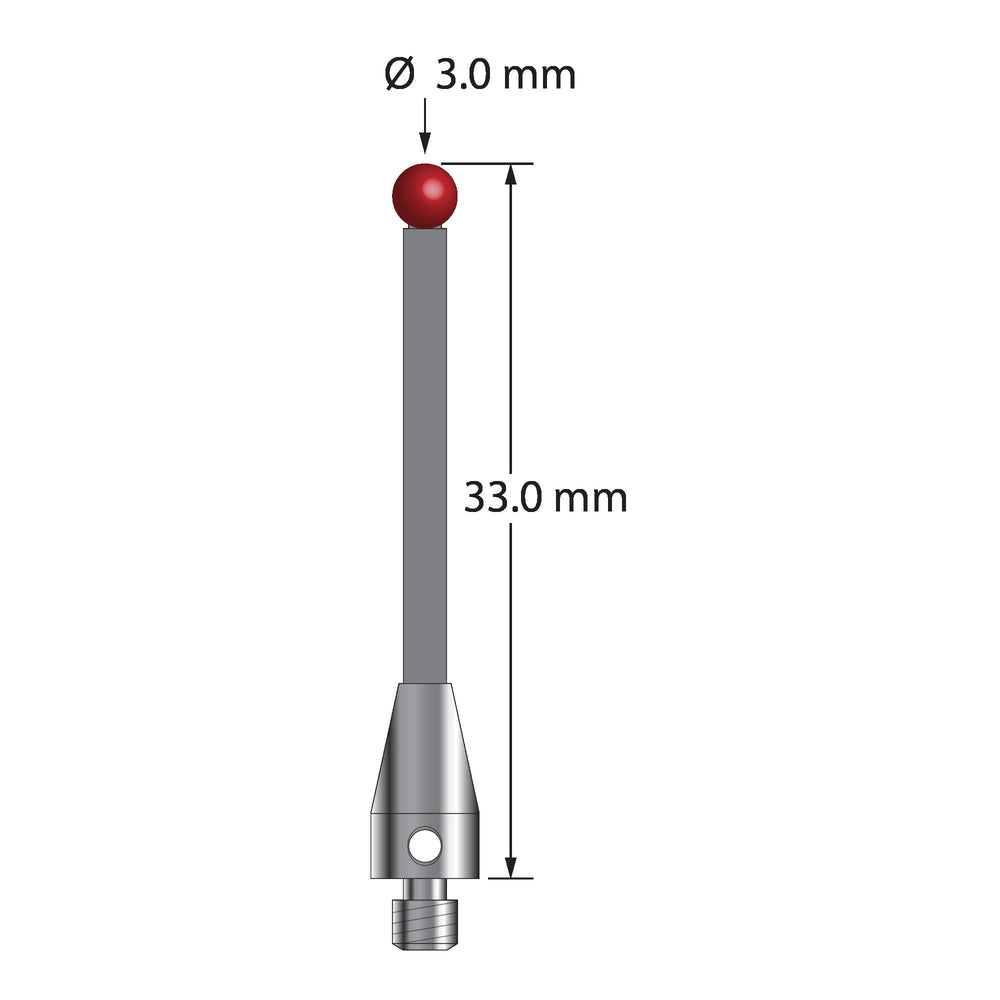 M3 stylus with 3.0 mm diameter ruby ball, 2.0 mm diameter carbon fiber stem, and 5.0 mm diameter x 9.0 mm long titanium base.  Overall stylus length is 33.0 mm.  Stylus weight is 0.61 gram.  Compare to Zeiss 626103-0300-033 and Renishaw A-5004-0802.