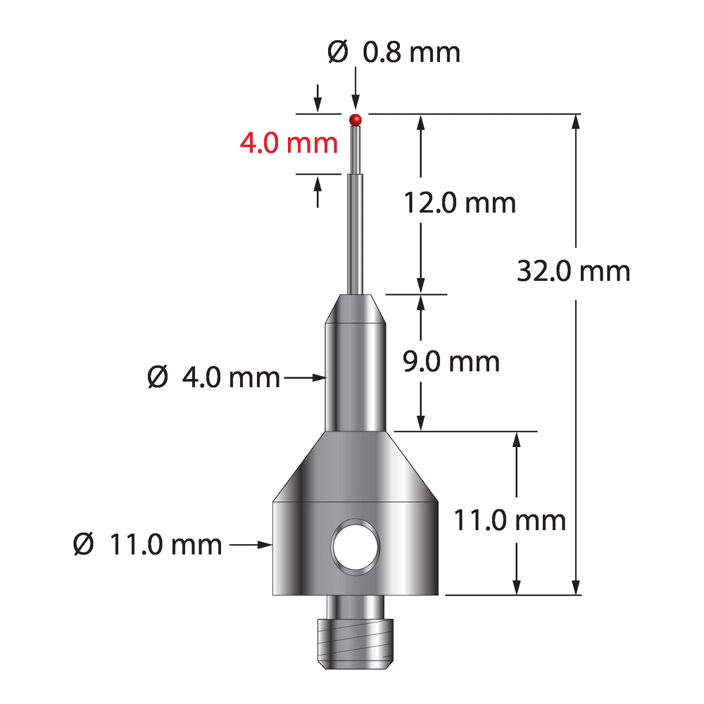 M5 stylus with 0.8 mm diameter ruby ball, stepped carbide stem, and 11.0 mm diameter by 20.0 mm long stainless steel base.  Minor stem diameter is 0.5 mm, major diameter is 1.0 mm.  Overall stylus length is 32.0 mm.  Stylus weight is 7.12 grams.   Compare to Zeiss 602030-8060-000.