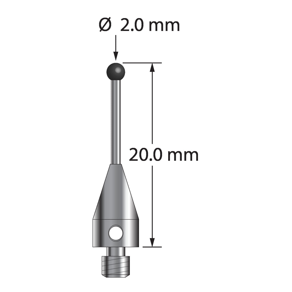 M3 stylus with 2.0 mm diameter silicon nitride ball, 1.0 mm diameter carbide stem, and 5.0 mm diameter x 9.0 mm long titanium base.  Overall stylus length is 20.0 mm.  Stylus weight is 0.64 gram.  Compare to Zeiss 626113-0203-020.