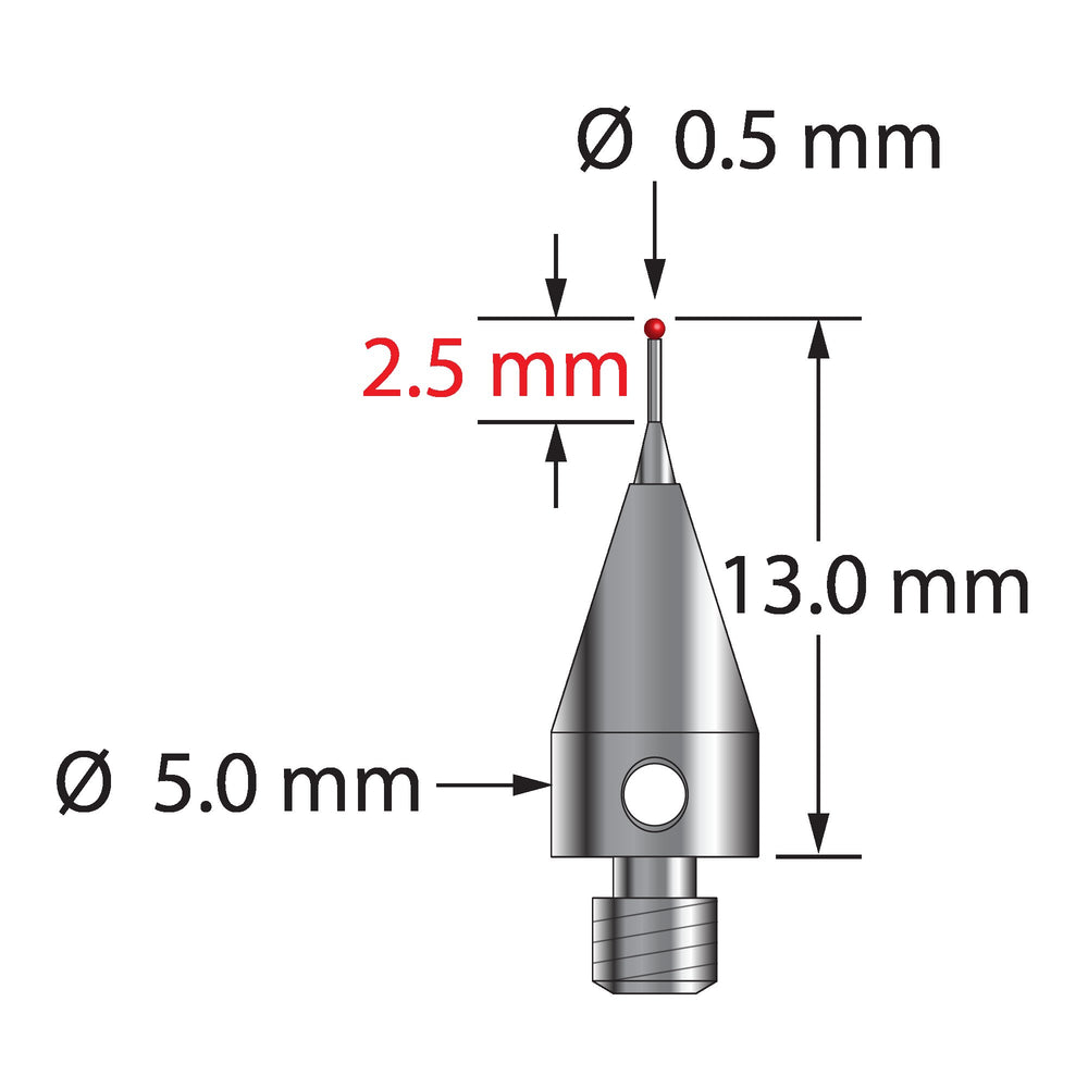 M3 stylus with 0.5 mm diameter ruby ball, tapered carbide stem, and 5.0 mm diameter x 9.0 mm long titanium base.  Major stem diameter is 1.0 mm, minor diameter is 0.3 mm.  Overall stylus length is 13.0 mm.  Stylus weight is 0.53 gram.  Compare to Zeiss 626113-0050-013 and Renishaw A-5004-1702.