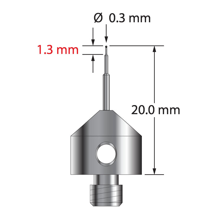 M5 stylus with 0.3 mm diameter carbide ball, stepped carbide stem, and 11.0 mm diameter x 10.0 mm long stainless steel base.  Minor stem diameter is 0.2 mm, intermediate diameter is 0.5 mm, and major diameter is 1.0 mm.  Overall stylus length is 20.0 mm.  Stylus weight is 5.60 grams.