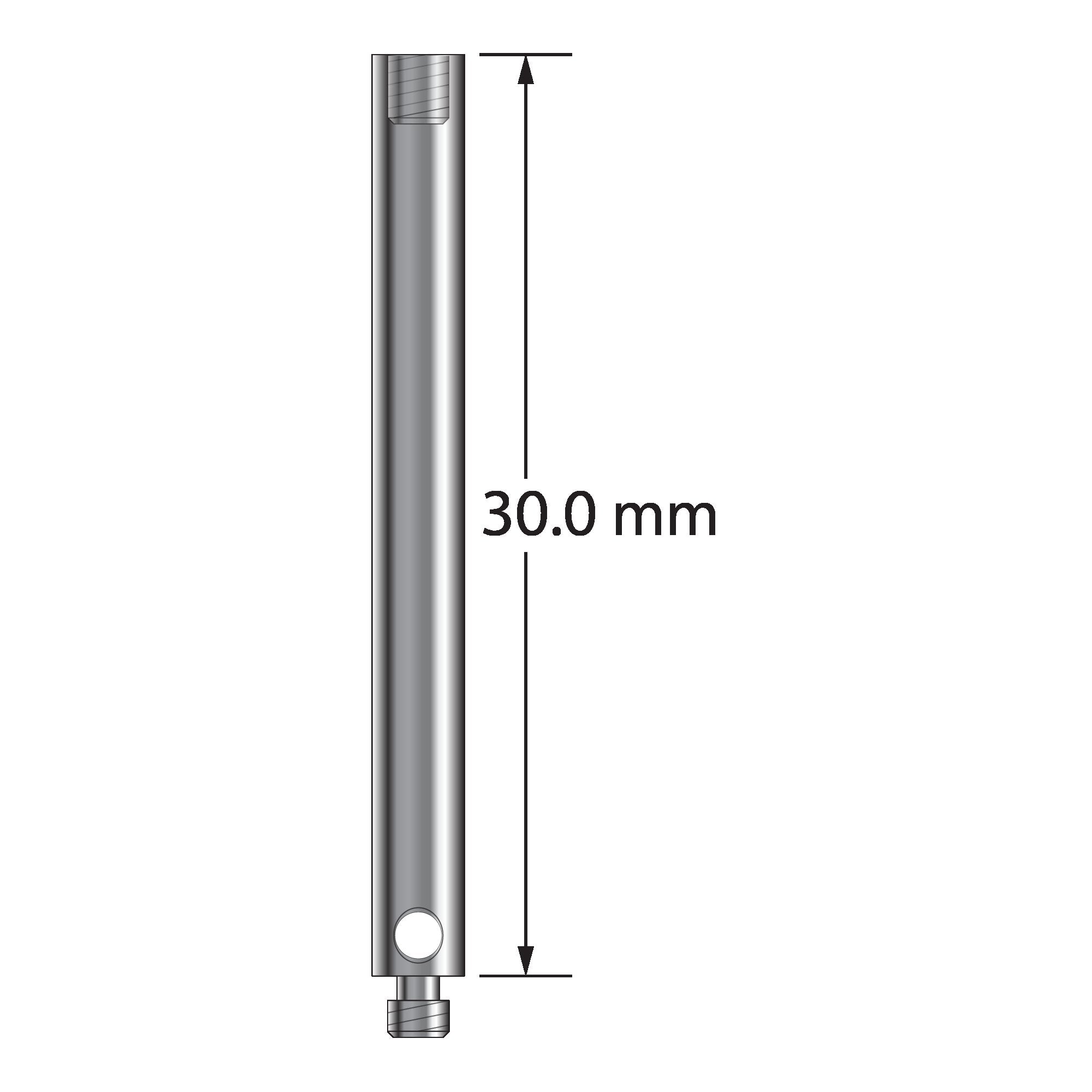 M2 extension, stainless steel, 3.0 mm diameter x 30.0 mm long. Weight is 1.53 grams. Compare to Zeiss 602030-8324-000, Renishaw A-5004-7591, and Mitutoyo K651040.