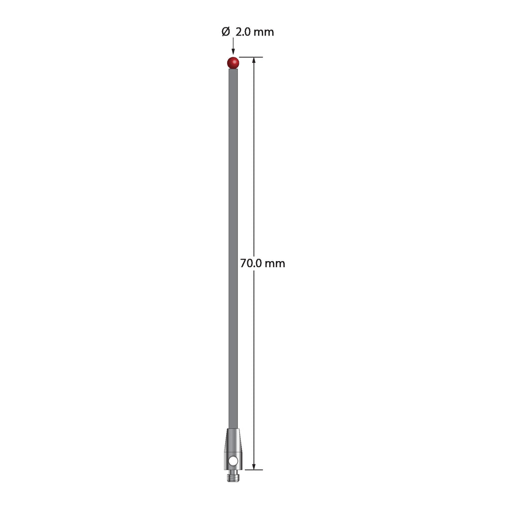 M2 stylus with 2.0 mm diameter ruby ball, 1.5 mm diameter carbon fiber stem, and 3.0 mm diameter x 7.0 mm long stainless steel base.  Overall stylus length is 70.0 mm.  Stylus weight is 0.44 gram.