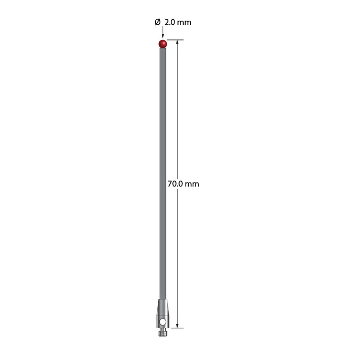 M2 stylus with 2.0 mm diameter ruby ball, 1.5 mm diameter carbon fiber stem, and 3.0 mm diameter x 7.0 mm long stainless steel base.  Overall stylus length is 70.0 mm.  Stylus weight is 0.44 gram.