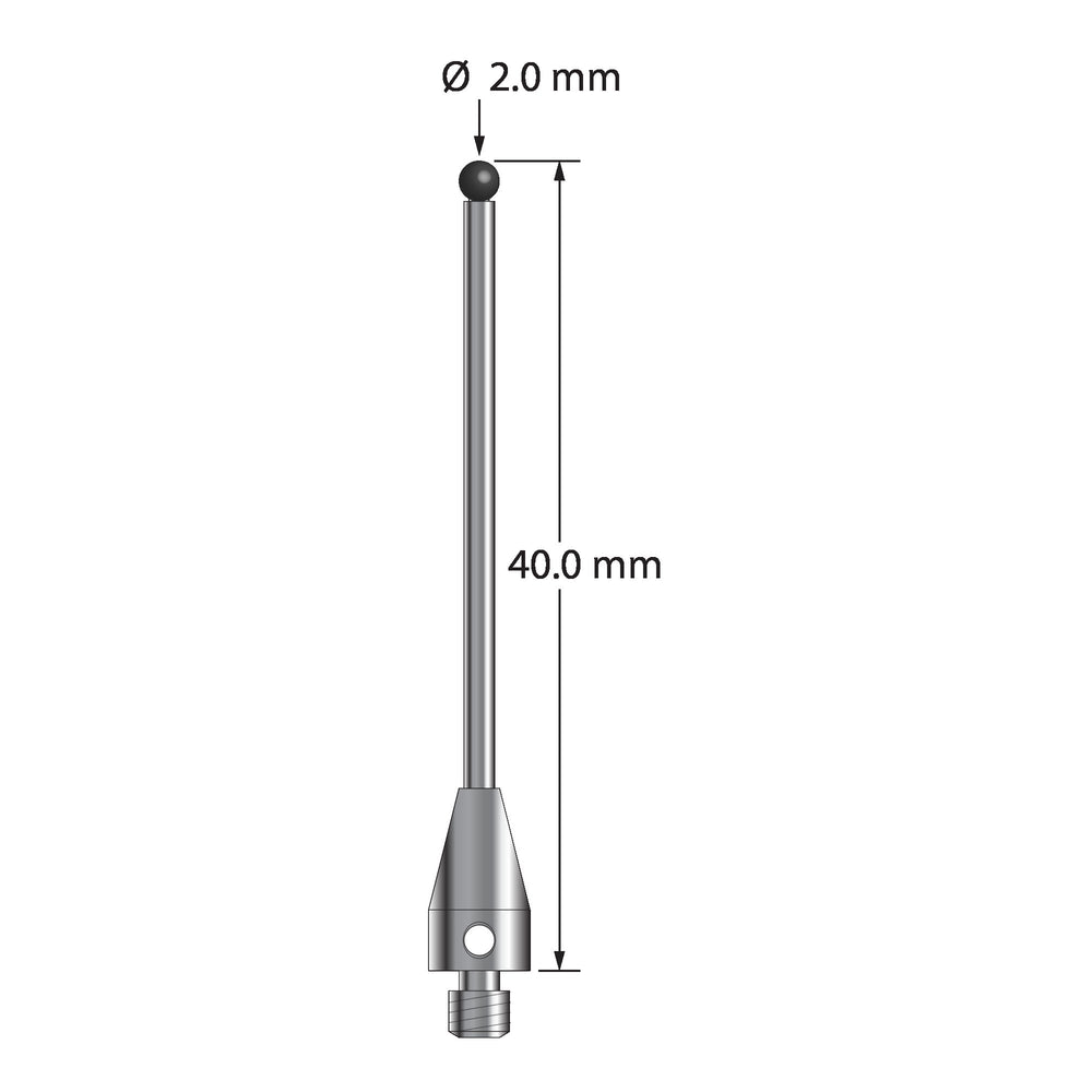 M3 stylus with 2.0 mm diameter silicon nitride ball, 1.5 mm diameter carbide stem, and 5.0 mm diameter x 9.0 mm long titanium base.  Overall stylus length is 40.0 mm.  Stylus weight is 1.49 grams.  Compare to Zeiss 626113-0203-040.
