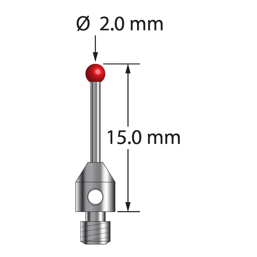 M3 stylus with 2.0 mm diameter ruby ball, 1.0 mm diameter carbide stem, and 4.0 mm diameter x 5.0 mm long stainless steel base.  Overall stylus length is 15.0 mm.  Stylus weight is 0.56 gram.