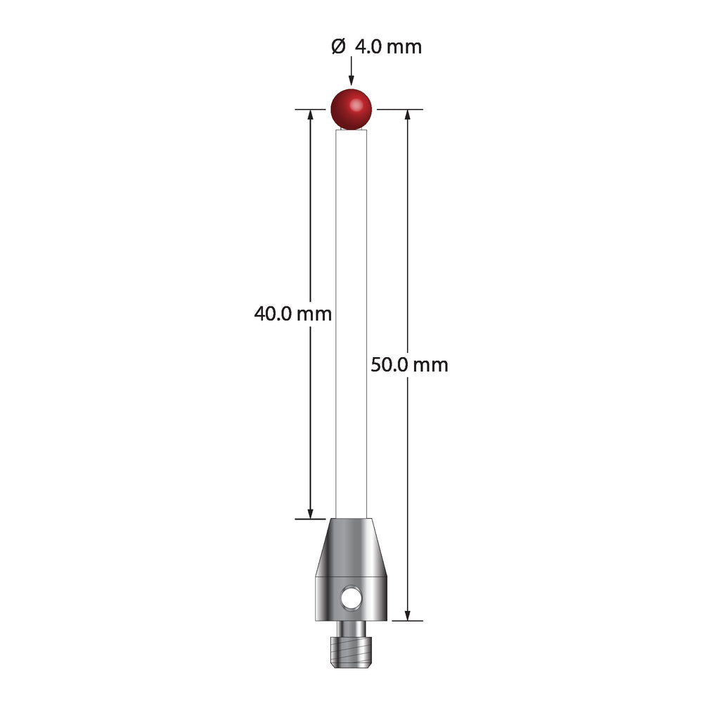 M4 stylus with 4.0 mm ruby ball, 3.0 mm diameter ceramic stem, and 7.0 mm diameter x 10.0 mm long stainless steel base.  Stylus length to ball center is 50.0 mm.  Stylus weight is 3.11 grams.  Compare to Renishaw A-5003-0233.