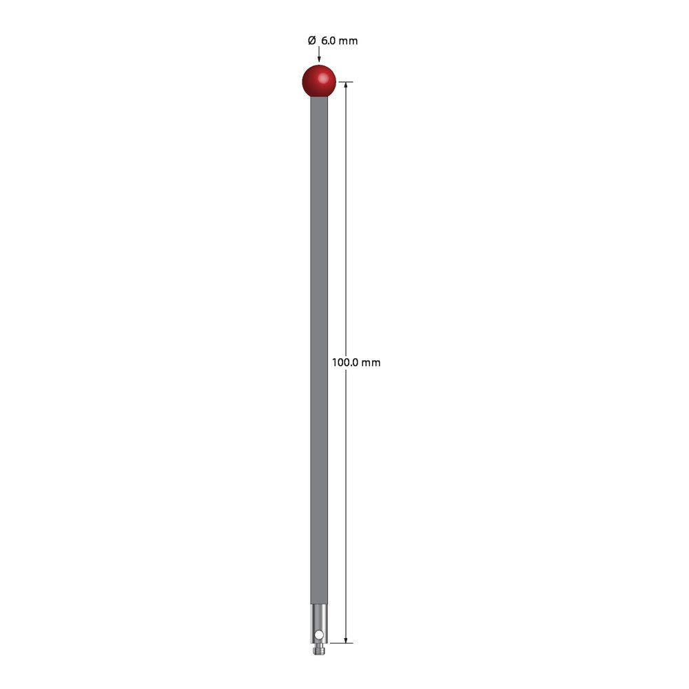 M2 stylus with 6.0 mm diameter ruby ball, 3.0 mm diameter carbon fiber stem, and 3.0 mm diameter x 7.0 mm long stainless steel base.  Stylus length to ball center is 100.0 mm.  Stylus weight is 1.63 grams.  Compare to Renishaw A-5003-2291 and Zeiss 000000-1776-920.