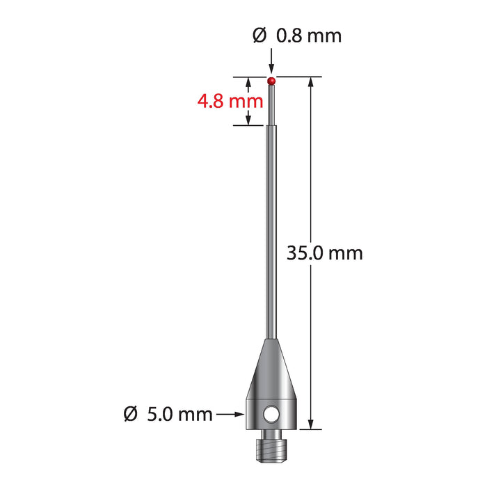 M3 stylus with 0.8 mm diameter ruby ball, stepped carbide stem, and 5.0 mm diameter x 9.0 mm long titanium base.  Minor stem diameter is 0.6 mm, major diameter is 1.0 mm.  Overall stylus length is 35.0 mm.  Stylus weight is 0.75 gram.  Compare to Zeiss 626113-0081-035.