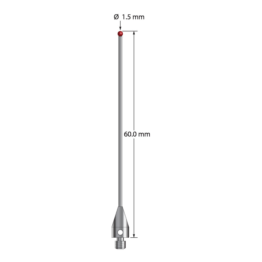 M3 stylus with 1.5 mm diameter ruby ball, 1.0 mm diameter carbide stem, and 5.0 mm diameter x 9.0 mm long titanium base.  Overall stylus length is 60.0 mm.  Stylus weight is 1.08 grams.  Compare to Zeiss 626103-0144-060.