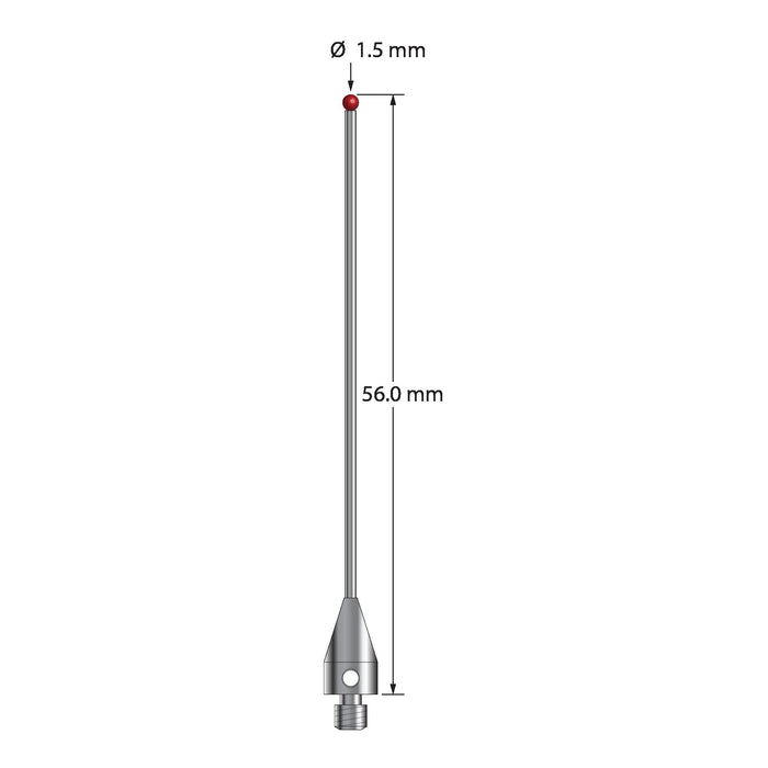 M3 stylus with 1.5 mm diameter ruby ball, 1.0 mm diameter carbide stem, and 5.0 mm diameter x 9.0 mm long titanium base.  Overall stylus length is 56.0 mm.  Stylus weight is 1.04 grams.  Compare to Zeiss 626103-0144-056.