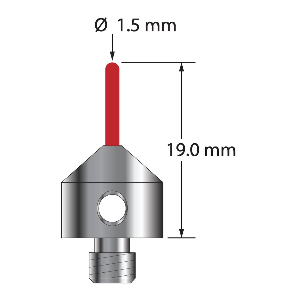 M5 stylus with 1.5 mm diameter ruby cylinder and 11 mm diameter x 10 mm long stainless steel base.  Overall stylus length is 19.0 mm.  Stylus weight is 5.53 grams.  Cylinder styli are used for edge probing, like those found on stampings or sheet metal parts.  They are not suitable for high accuracy work because the spherical form of a cylinder is not as precise as a sphere.  Please contact us with any questions about calibrating or using cylinder styli.