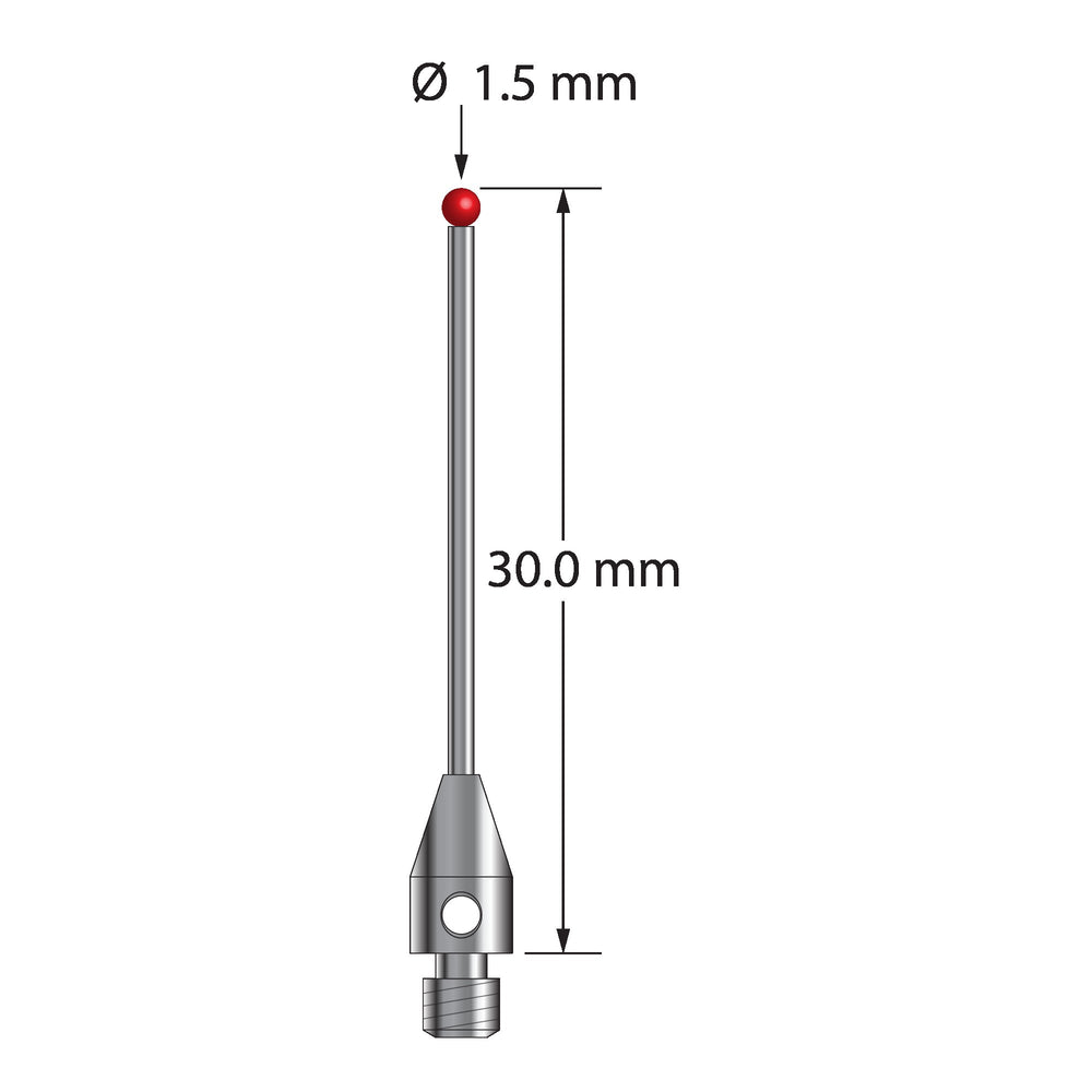 M3 stylus with 1.5 mm diameter ruby ball, 1.0 mm diameter carbide stem, and 5.0 mm diameter x 8.0 mm long stainless steel base.  Overall stylus length is 30.0 mm.  Stylus weight is 0.90 gram.