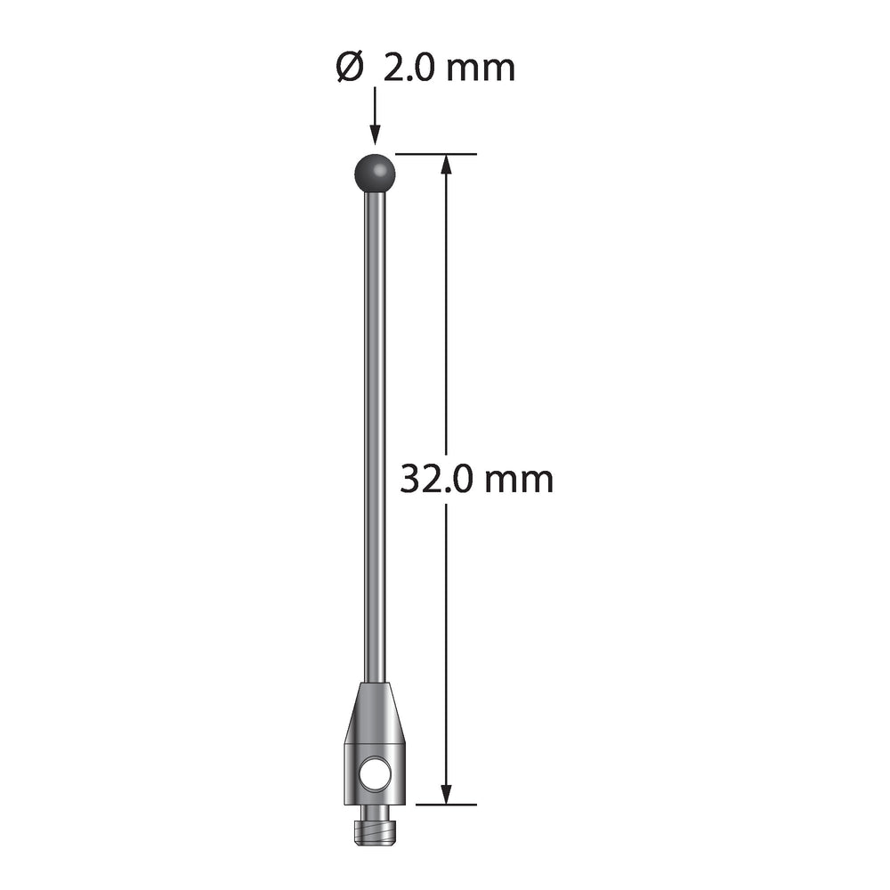 M2 stylus with 2.0 mm diameter silicon nitride ball, 1.0 mm diameter carbide stem, and 3.0 mm diameter x 6.0 mm long stainless steel base.  Overall stylus length is 30.0 mm.  Stylus weight is 0.52 gram.  Compare to Zeiss 626102-0245-032.
