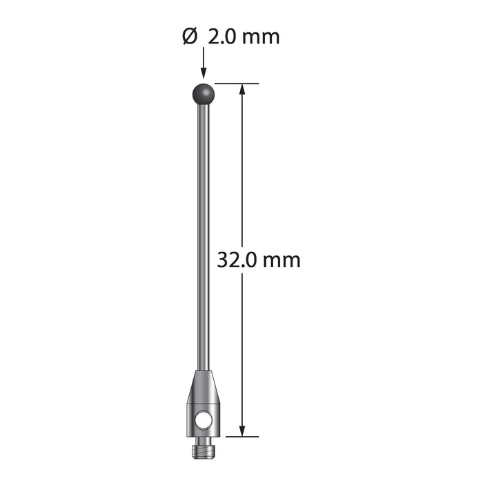 M2 stylus with 2.0 mm diameter silicon nitride ball, 1.0 mm diameter carbide stem, and 3.0 mm diameter x 6.0 mm long stainless steel base.  Overall stylus length is 30.0 mm.  Stylus weight is 0.52 gram.  Compare to Zeiss 626102-0245-032.