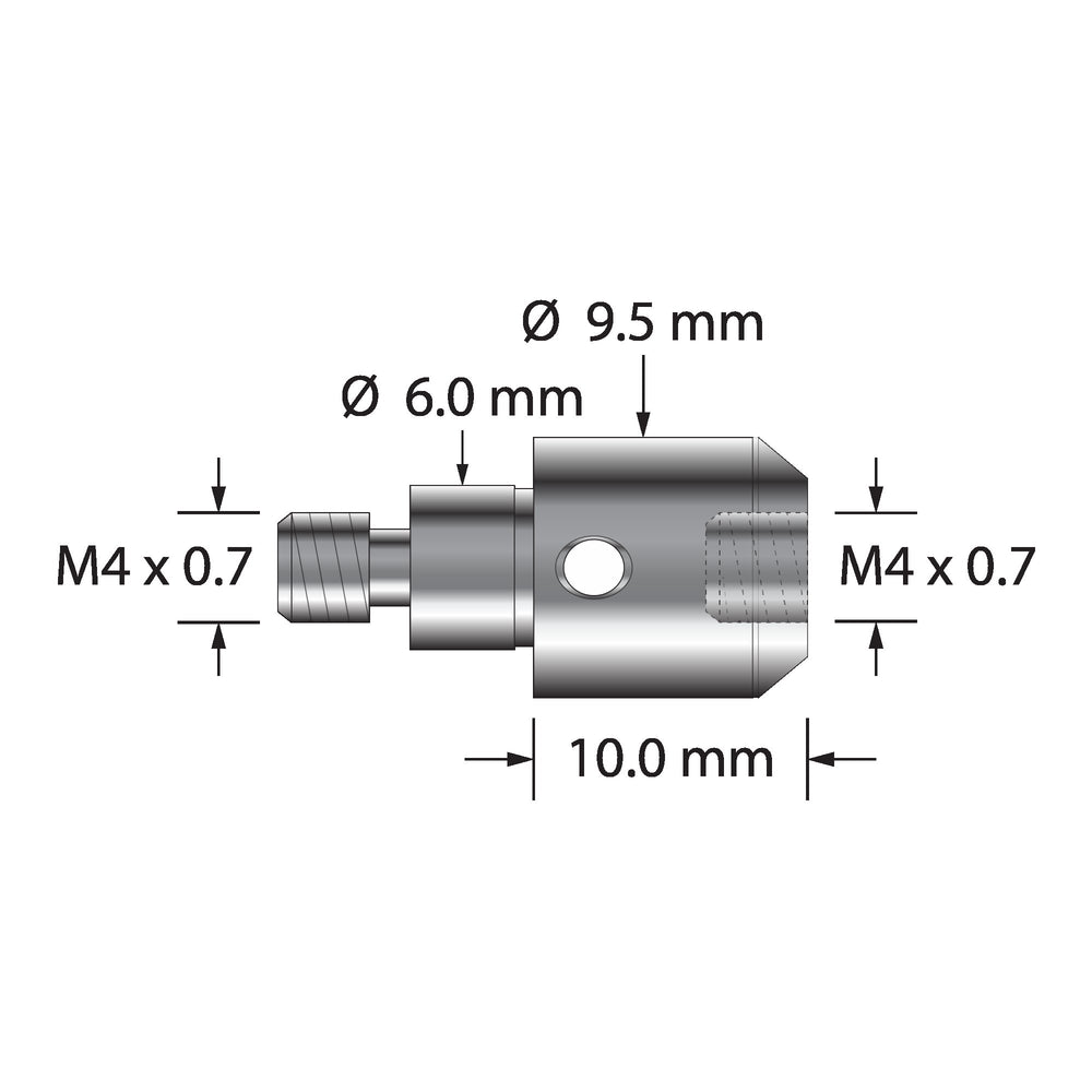Thread adapter, M4 Blum (TC50/51/60) to standard M4 x 0.7 thread.  Stainless steel.
