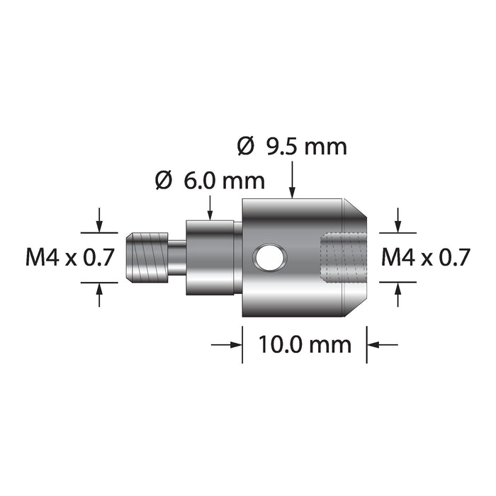 Thread adapter, M4 Blum (TC50/51/60) to standard M4 x 0.7 thread.  Stainless steel.