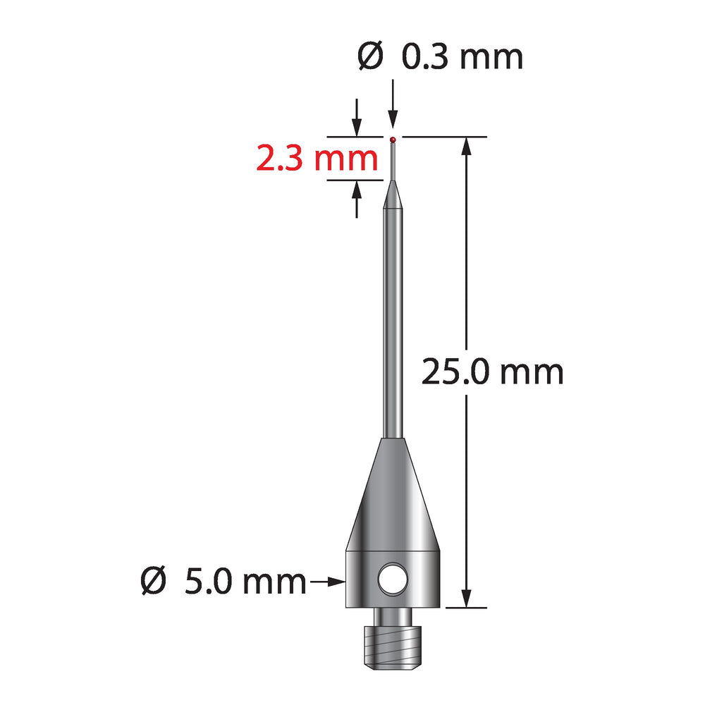 M3 stylus with 0.3 mm diameter ruby ball, tapered carbide stem, and 5.0 mm diameter x 9.0 mm long titanium base.  Minor stem diameter is 0.2 mm, major diameter is 1.0 mm.  Overall stylus length is 25.0 mm.  Stylus weight is 0.59 gram.  Compare to Zeiss 626103-5244-025.
