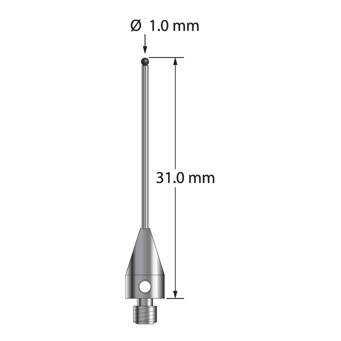 M3 stylus with 1.0 mm diameter silicon nitride ball, 0.8 mm diameter carbide stem, and 5.0 mm diameter x 9.0 mm long titanium base.  Overall stylus length is 31.0 mm.  Stylus weight is 0.78 gram.