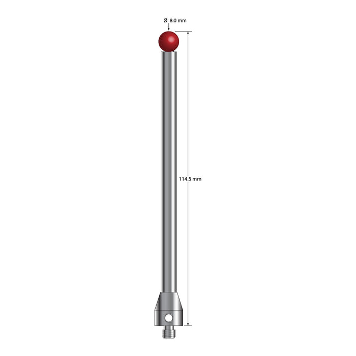 M5 stylus with 8.0 mm diameter ruby ball, 6.0 mm diameter carbide stem, and 11.0 mm diameter x 13.0 mm long stainless steel base.  Overall stylus length is 114.5 mm.  Stylus weight is 47.07 grams.  Compare to Zeiss 600342-8024-000 and Renishaw A-5555-0034.