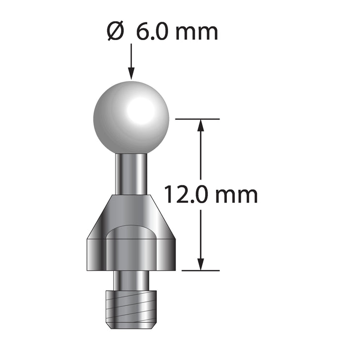 M4 stylus for Faro Quantum arm CMM with 3.0 mm diameter zirconia ball, 2.5 mm diameter carbide stem, and 7.0 mm diameter stainless steel base with wrench flats.  Stylus length to ball center is 12.0 mm.  Compare to Faro 21765-002 and Metrology Works QT-PRS-6MM-ZIR.
