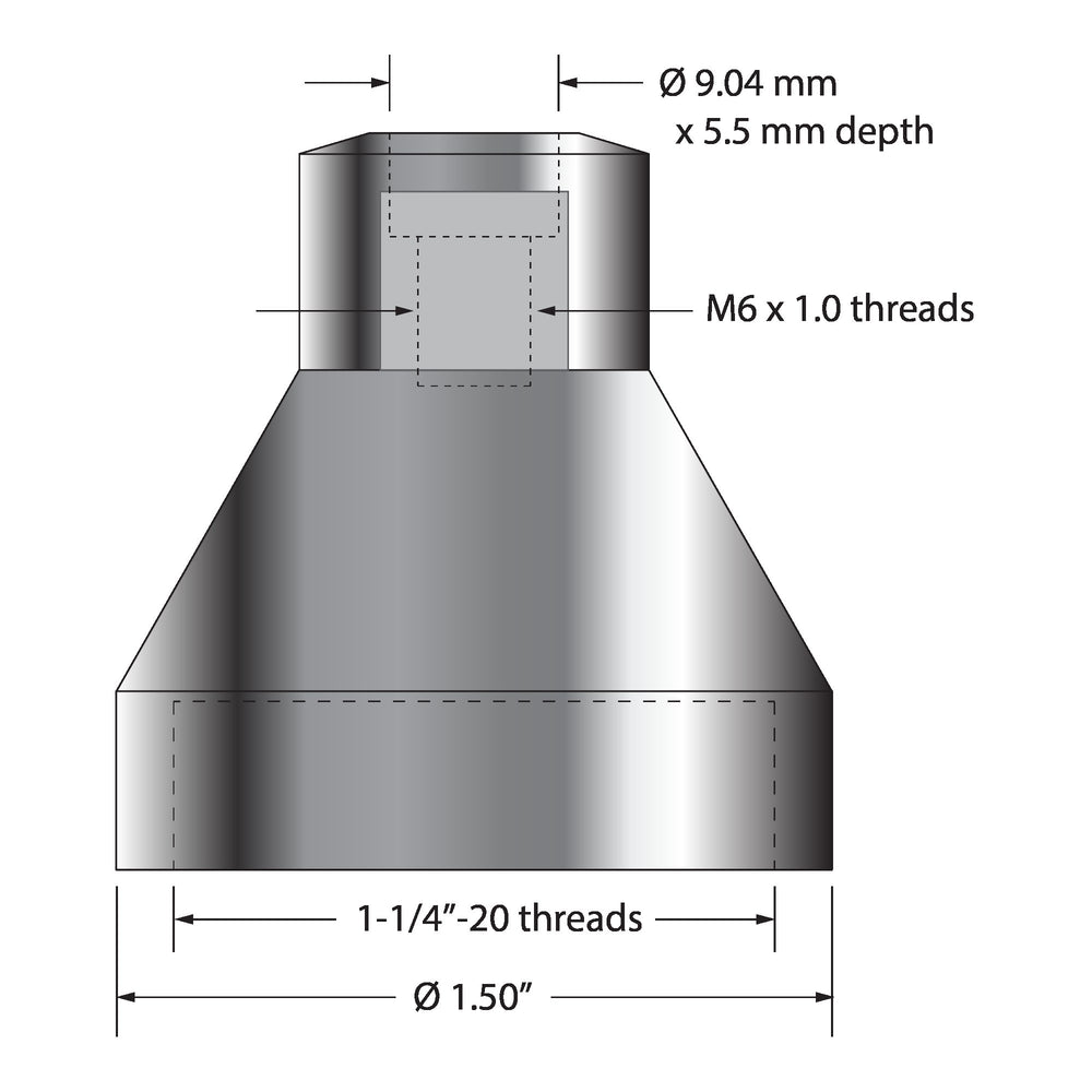 Faro compatible thread adapter, 1-1/4" x 20 to M6 x 1.0.  Stainless steel.