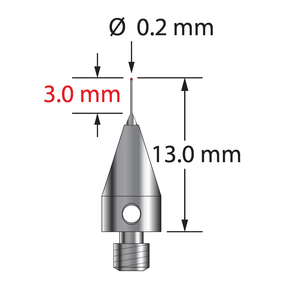M3 Therm-X stylus with 0.2 mm diameter ruby ball, tapered carbide stem, and 5.0 mm diameter x 9.0 mm long titanium base.  Minor stem diameter is 0.15 mm, major diameter is 1.0 mm.  Overall stylus length is 13.0 mm.  Stylus weight is 0.55 gram.  Compare to Zeiss 626103-5144-013.
