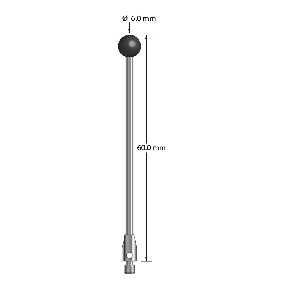 M3 stylus with 6.0 mm diameter silicon nitride ball, 2.5 mm diameter carbide stem, and 4.0 mm diameter x 7.0 mm long stainless steel base.  Overall stylus length is 60.0 mm.  Stylus weight is 4.29 grams.