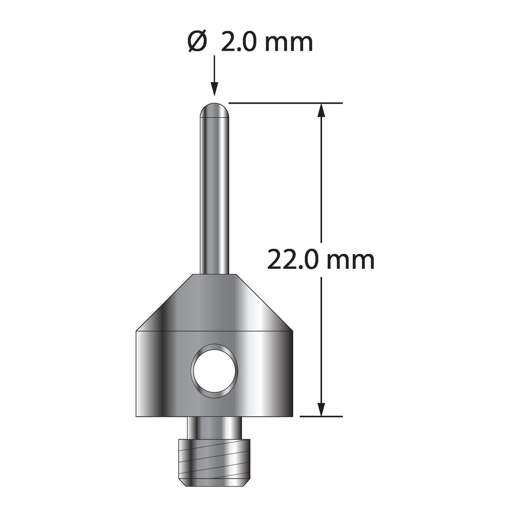 M5 stylus with 2.0 mm diameter carbide cylinder and 11.0 mm diameter x 10.0 mm long stainless steel base.  Overall stylus length is 22.0 mm.  Stylus weight is 6.37 grams.  Compare to Zeiss 626115-5000-140.  Cylinder styli are used to probe thin edges, for example, the edges of stampings or sheet metal.  They are not suitable for high accuracy work because their form is not as precise as a sphere.   Please contact Q-Mark for answers about calibrating or using cylinder styli.