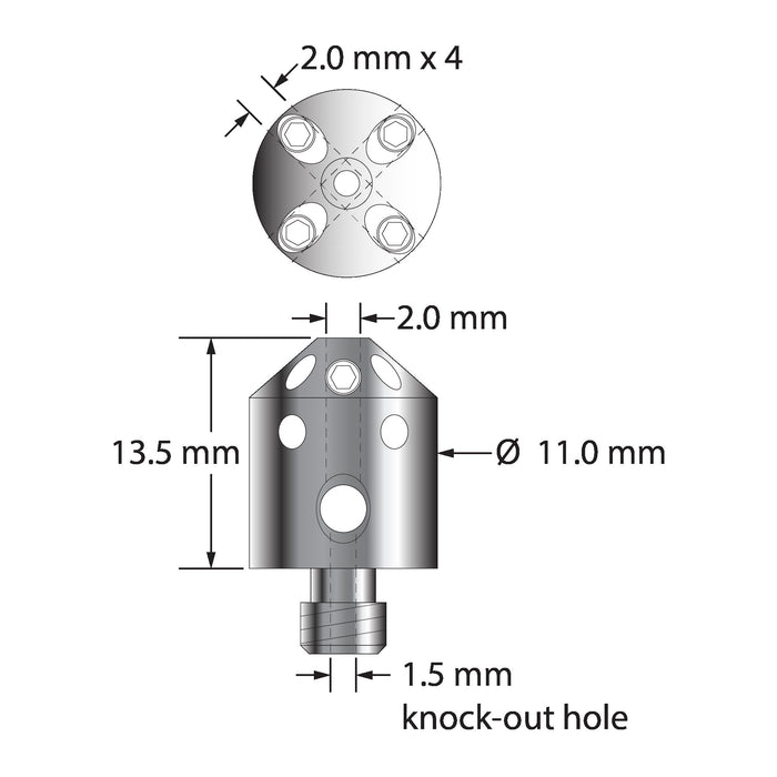 Unthreaded stylus holder with M5 threaded base.  Holds 1-5 unthreaded styli with 2.0 mm diameter stems.  Features a 1.5 mm diameter knock-out hole through threaded base.  Stainless steel, with stainless steel set screws.  Weight is 7.28 grams.  Includes one 0.7 mm hex wrench.  Compare to Zeiss 626115-5000-199.