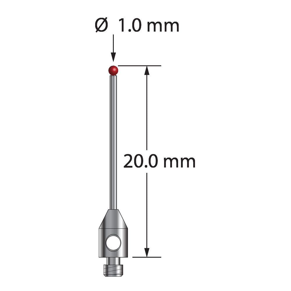 M2 stylus with 1.0 mm diameter ruby ball, 0.7 mm diameter carbide stem, and 3.0 mm diameter x 5.0 mm long stainless steel base.  Overall stylus length is 20.0 mm.  Stylus weight is 0.32 gram.