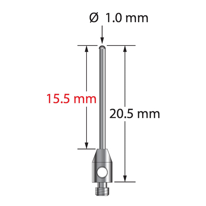 M2 stylus with 1.0 mm diameter carbide cylinder and 3.0 mm diameter x 5.0 mm long stainless steel base.  Overall stylus length is 20.5 mm.  Stylus weight is 0.40 gram.  Cylinder styli are used for edge probing on stampings or sheet metal parts.  They are not suitable for high accuracy work because the form of a cylinder is not as precise as a sphere.  Please contact us with any questions about calibrating or using cylinder styli.