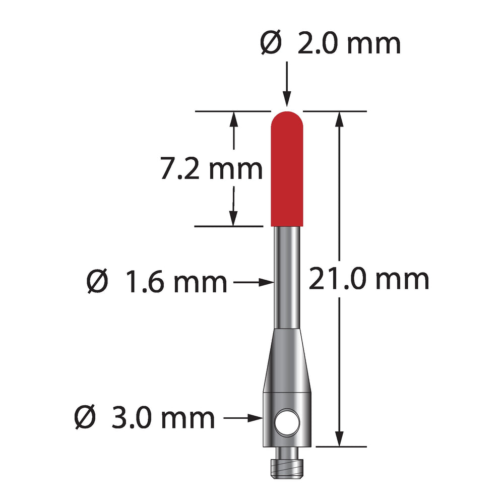 M2 stylus with 2.0 mm diameter ruby cylinder and stainless steel base and stem.  Overall length is 21.0 mm.  Stylus weight is 0.49 gram.  Compare to Renishaw A-5000-7812, Mitutoyo K651032, and Zeiss 602030-8100-000.   Cylinder styli are used for edge probing on stampings or sheet metal parts.  They are not suitable for high accuracy work because the form of a cylinder is not as precise as a sphere.  Please contact us with any questions about calibrating or using cylinder styli.