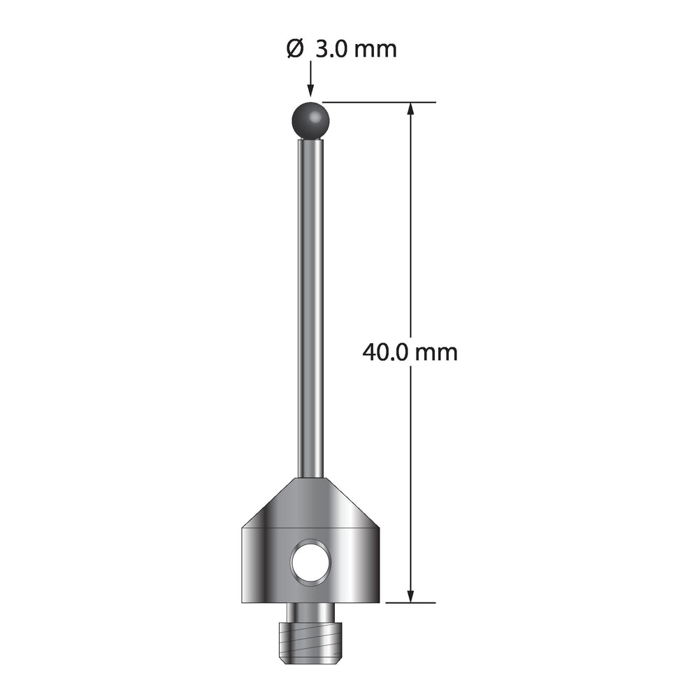 M5 stylus with 3.0 mm diameter silicon nitride ball, 2.0 mm diameter carbide stem, and 11.0 mm diameter x 10.0 mm long stainless steel base.  Overall stylus length is 40.0 mm.  Stylus weight is 7.06 grams.