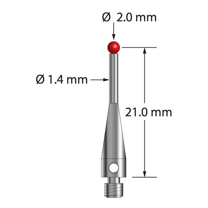 M3 stylus with 2.0 mm diameter ruby ball and stainless steel body. Stylus length to ball center is 21.0 mm.  Weight is 0.82 gram.  Compare to Renishaw A-5000-3552, Carbide Probes 261-2R, and Mitutoyo K651147.