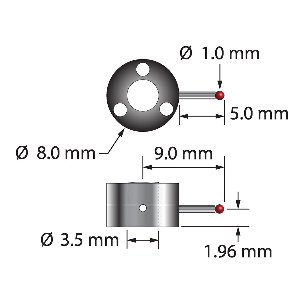 Single-side star stylus with 1.0 mm diameter ruby ball, carbide stem, and two-piece clamping titanium hub.  Stem diameter is 0.8 mm.  Assembled stylus weight is 0.87 gram.  Compare to Zeiss 626103-0100-418.