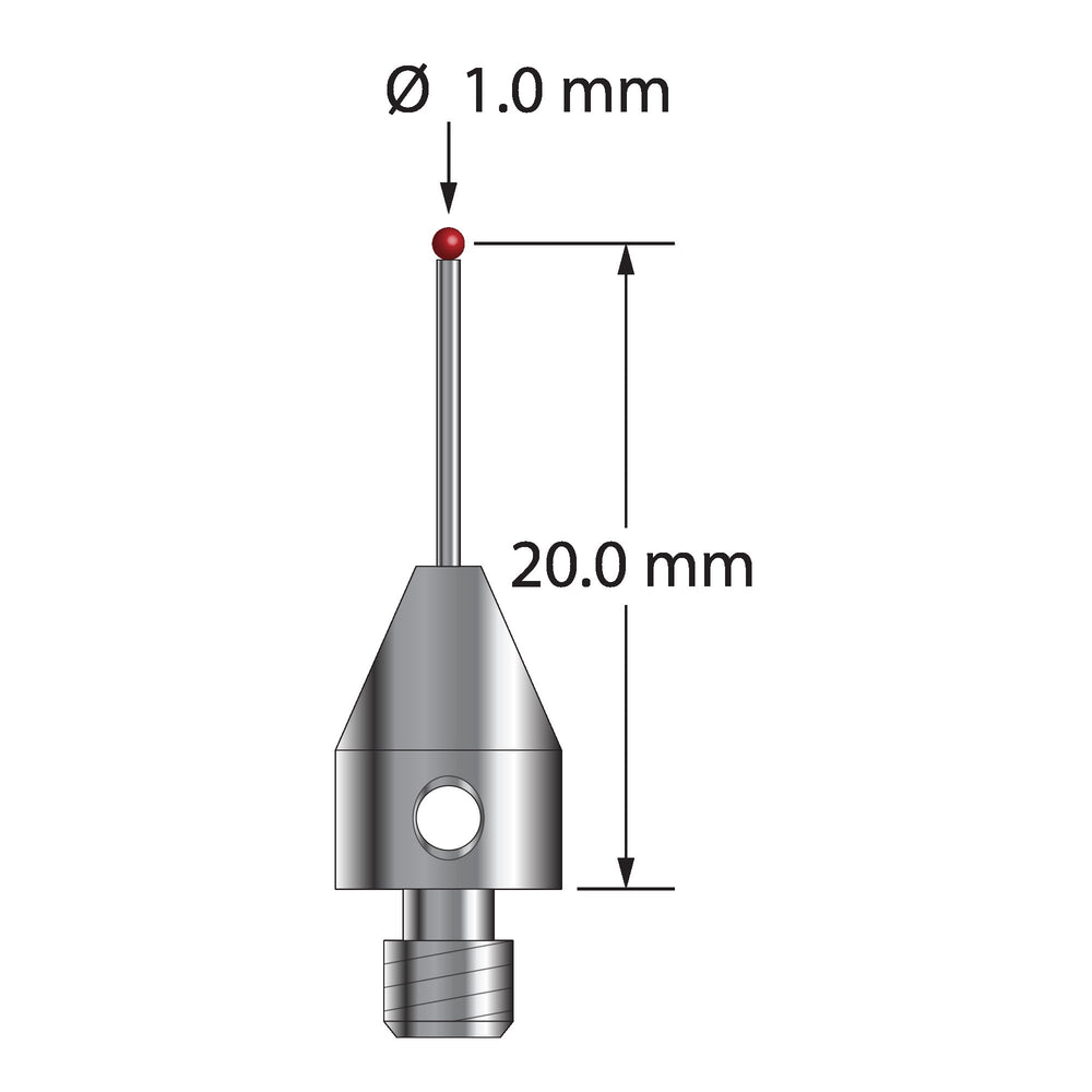 M4 stylus with 1.0 mm diameter ruby ball, 0.7 mm diameter carbide stem, and 7.0 mm diameter x 10.0 mm long stainless steel base.  Stylus length to ball center is 20.0 mm.  Stylus weight is 2.13 grams.  Compare to Renishaw A-5003-4792.