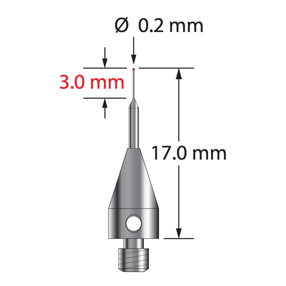 M3 Therm-X stylus with 0.2 mm diameter ruby ball, tapered carbide stem, and 5.0 mm diameter x 9.0 mm long titanium base.  Minor stem diameter is 0.15 mm, major diameter is 1.0 mm.  Overall stylus length is 17.0 mm.  Stylus weight is 0.59 gram.  Compare to Zeiss 626103-5144-017.