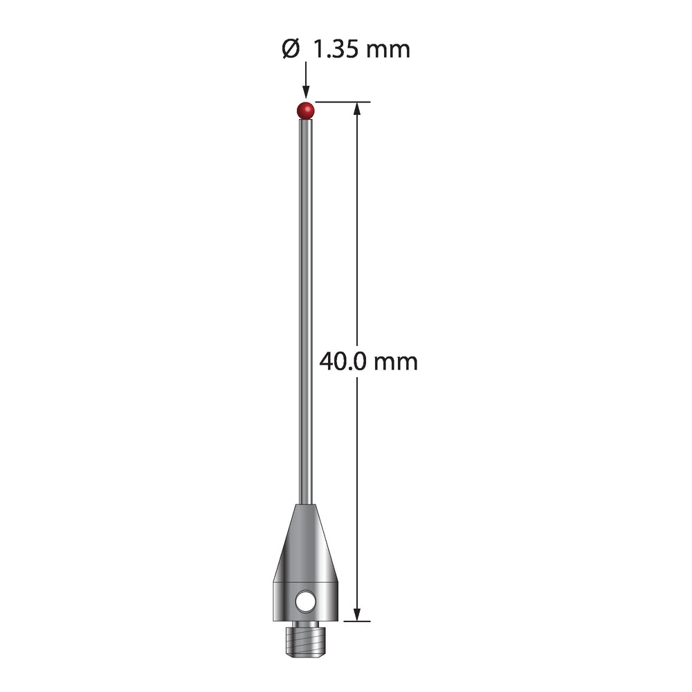 M3 stylus with 1.35 mm diameter ruby ball, 1.0 mm diameter carbide stem, and 5.0 mm diameter x 7.0 mm long titanium base.  Overall stylus length is 31.0 mm.  Stylus weight is 0.87 gram.  Compare to Zeiss 626103-5754-040.