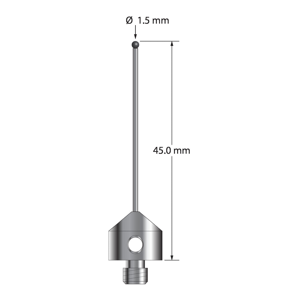 M5 stylus with 1.5 mm diameter silicon nitride ball, 1.0 mm diameter carbide stem, and 11.0 mm diameter x 10.0 mm long stainless steel base.  Overall stylus length is 45.0 mm.  Stylus weight is 6.04 grams.