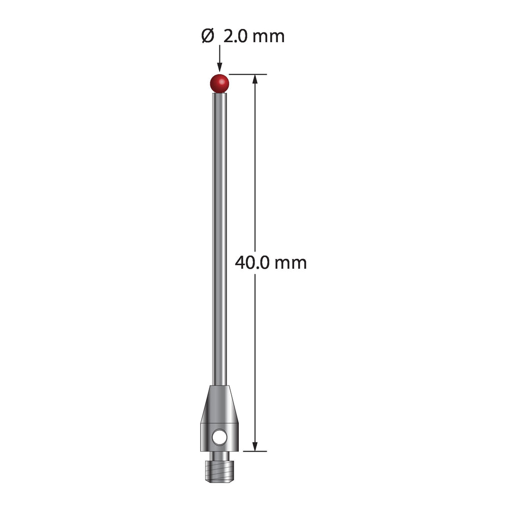 M3 stylus with 2.0 mm diameter ruby ball, 1.5 mm diameter carbide stem, and 4.0 mm diameter x 7.0 mm long stainless steel base.  Overall stylus length is 40.0 mm.  Stylus weight is 1.48 grams. 