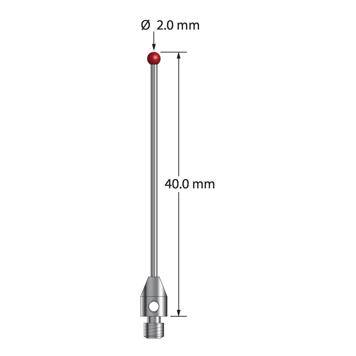 M3 stylus with 2.0 mm diameter ruby ball, 1.0 mm diameter carbide stem, and 4.0 mm diameter x 6.0 mm long stainless steel base.  Overall stylus length is 40.0 mm.  Stylus weight is 1.31 grams.  Compare to Zeiss 626123-0244-040.