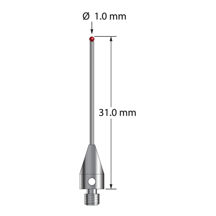 M3 stylus with 1.0 mm diameter ruby ball, 0.8 mm diameter carbide stem, and 5.0 mm diameter x 9.0 mm long titanium base.  Overall stylus length is 31.0 mm.  Stylus weight is 0.78 gram.